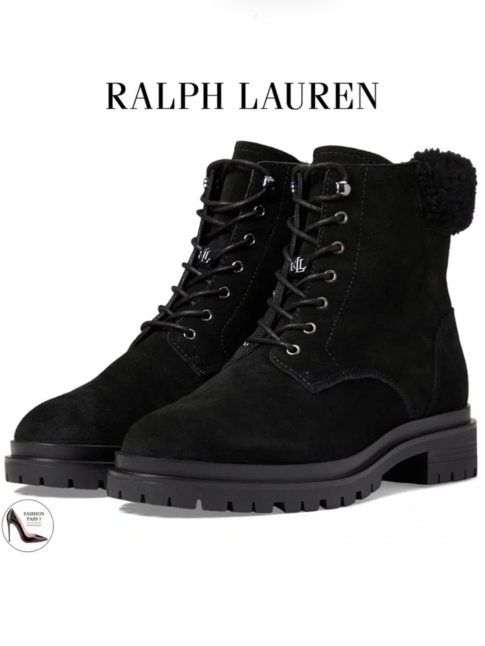 RALPH LAUREN Carlee Black Suede Lug Sole Ankle Boots Waterproof Lace-Up boot 6.5